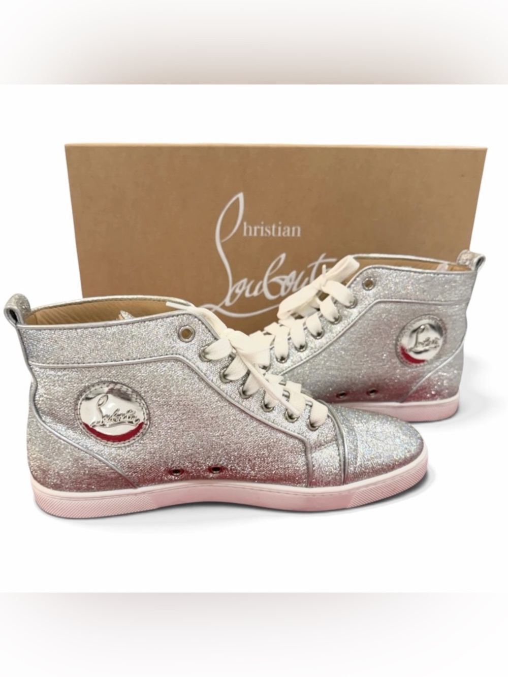 Christian Louboutin Bip Bip Silver Orlato Flat Lurex High-Top Sneakers size 39